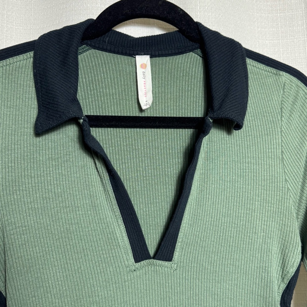 Daily Practice Sage Green Ruched Bodycon Midi Dress Collared Ribbed Drawstring M - Picture 7 of 8